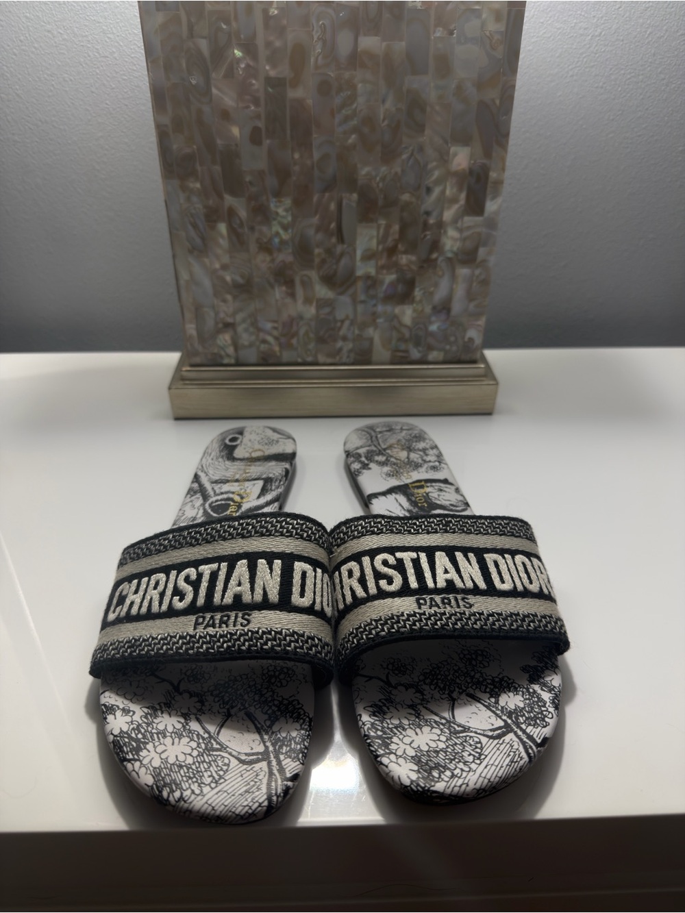 Dior Black and White Christian Dior Paris Logo Slide Sandals